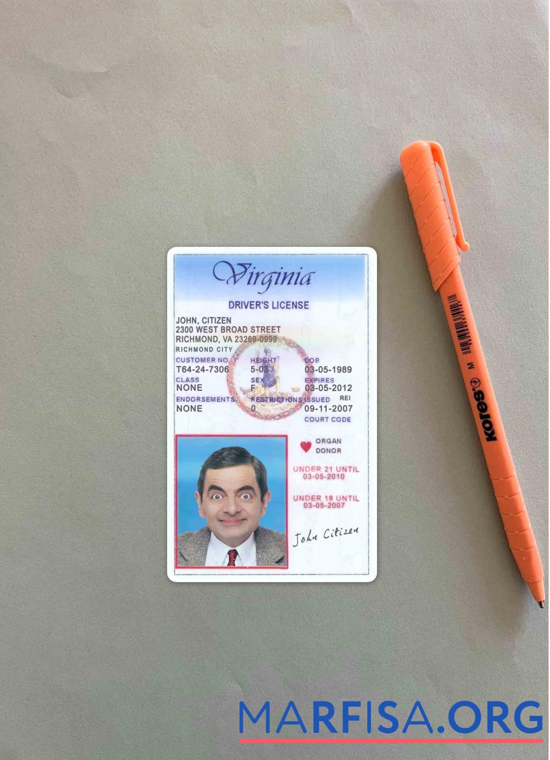Downloadable USA Virginia driving license under 21 photolook real example